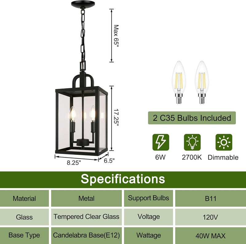 PARTPHONER Large Outdoor Indoor Pendant Light 2-Light, Modern Black Metal Outside Chandelier Exterior Hanging Fixture Ceiling Mount with Clear Glass Shade for Front Porch Entrance Foyer Entryway (Bulb Included) - Image 2